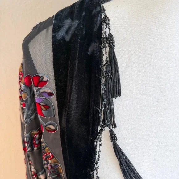 Vtg J.B.S. Silk Burnout Velvet Kimono Beaded Fringe Boho Whimsigoth - Picture 4 of 8
